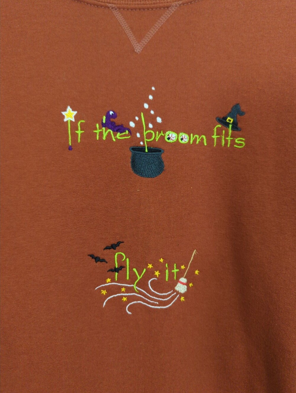 Halloween Embroidered "If the Broom Fits Fly It" Graphic In Dark Orange Crewneck